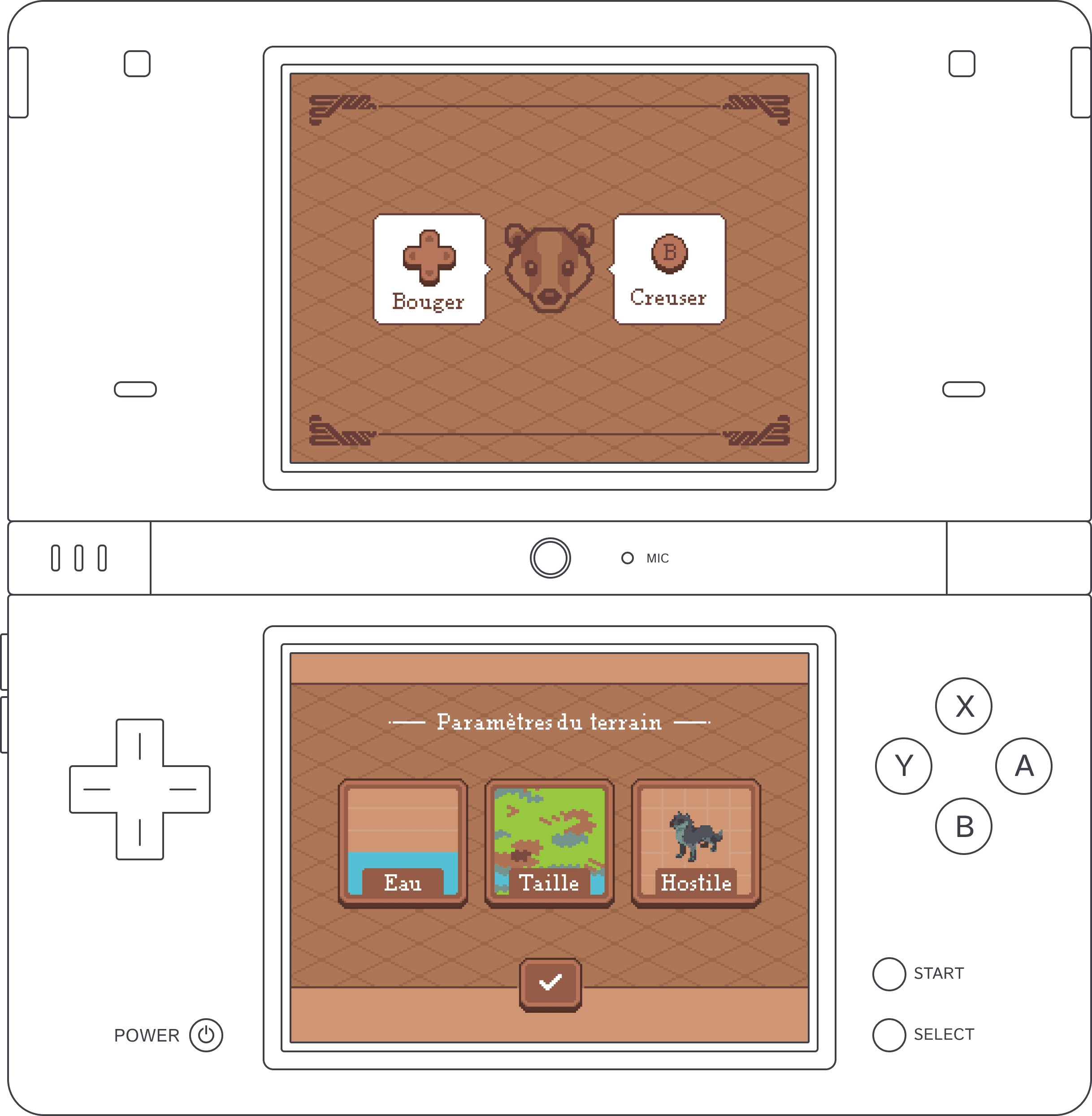 Picture of a Nintendo DSi running the homebrew port of Kallune.